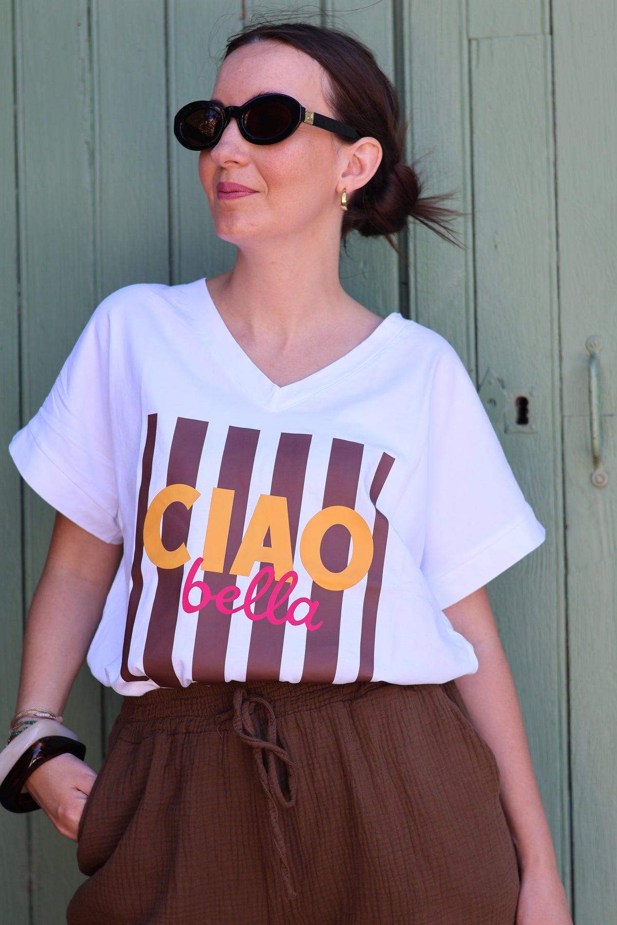 T-Shirt col V CIAO BELLA Marron