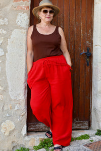 Pantalon LORI Gaze De Coton Rouge Belle Taille