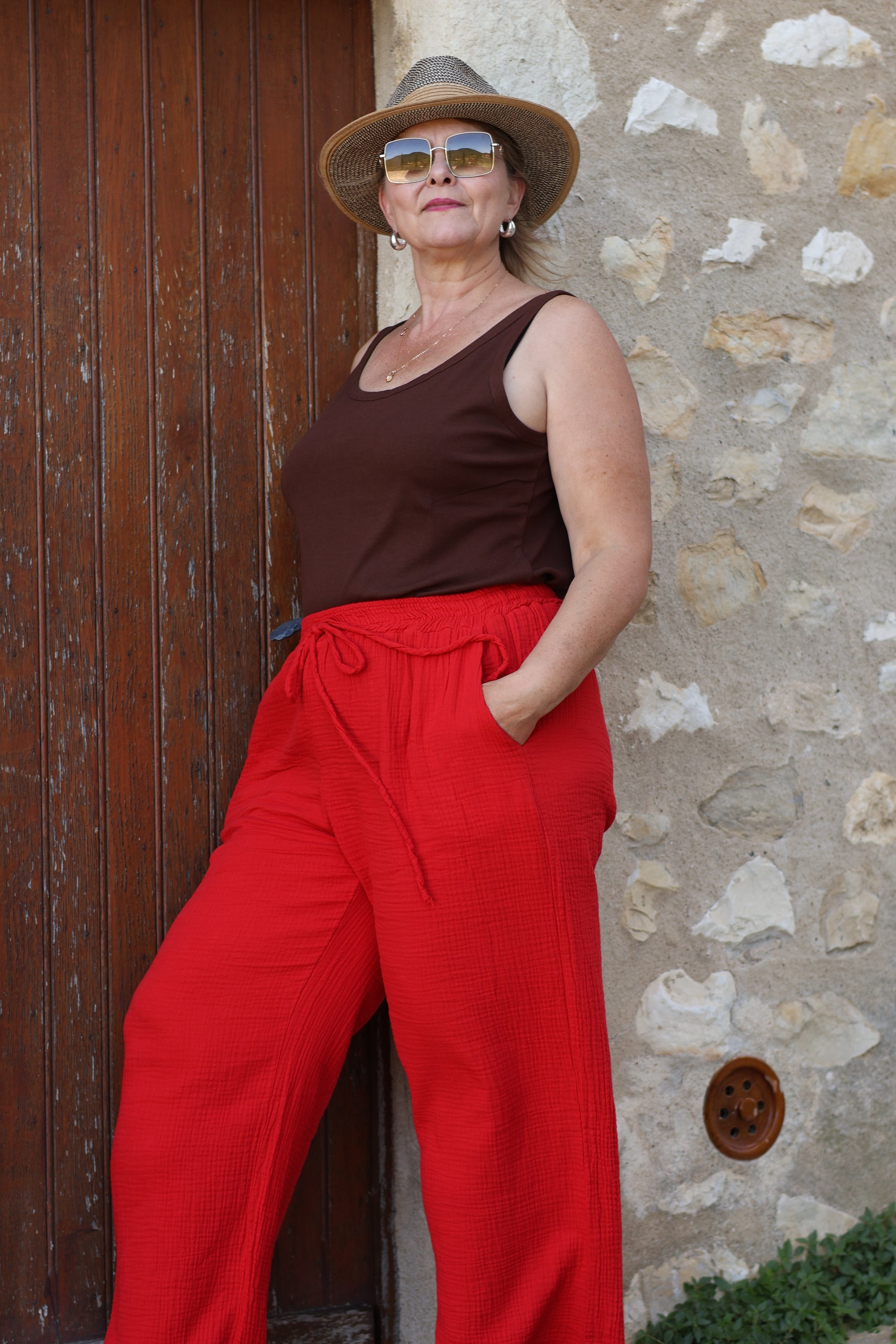 Pantalon LORI Gaze De Coton Rouge Belle Taille