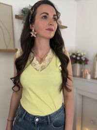Débardeur Dentelle Maille Côtelée FIORA Jaune