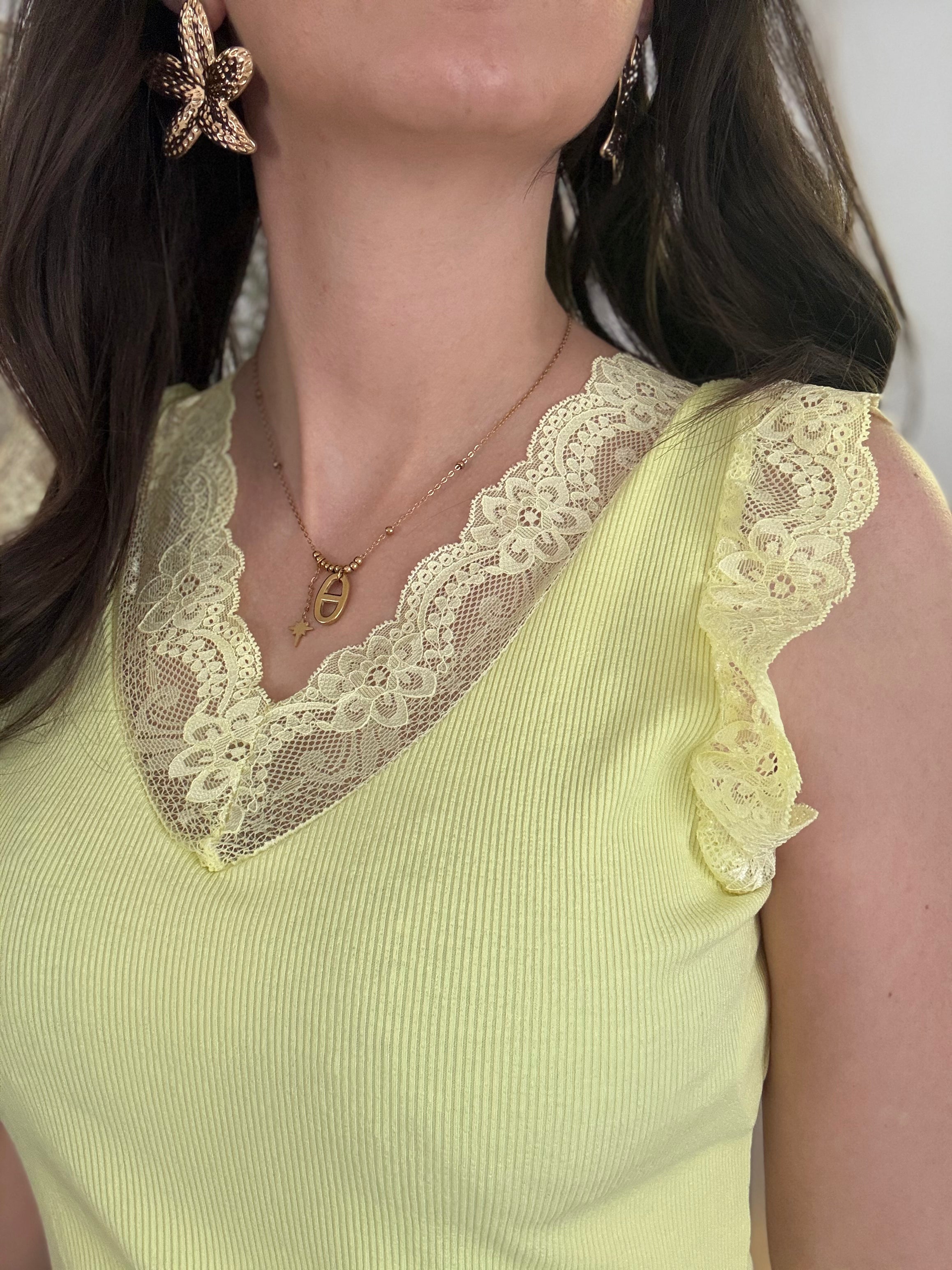 Débardeur Dentelle Maille Côtelée FIORA Jaune
