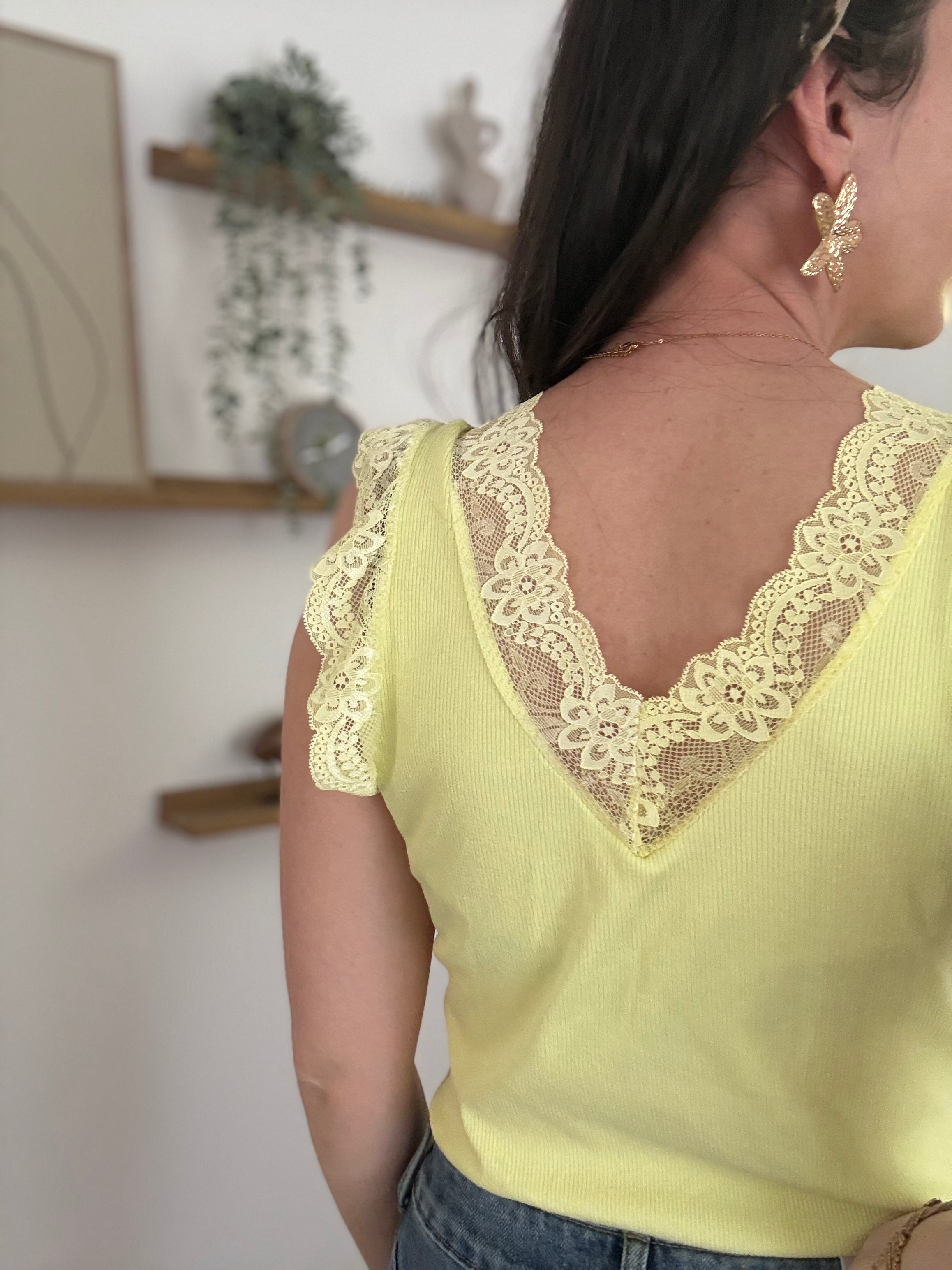 Débardeur Dentelle Maille Côtelée FIORA Jaune