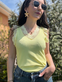 Débardeur Dentelle Maille Côtelée FIORA Jaune
