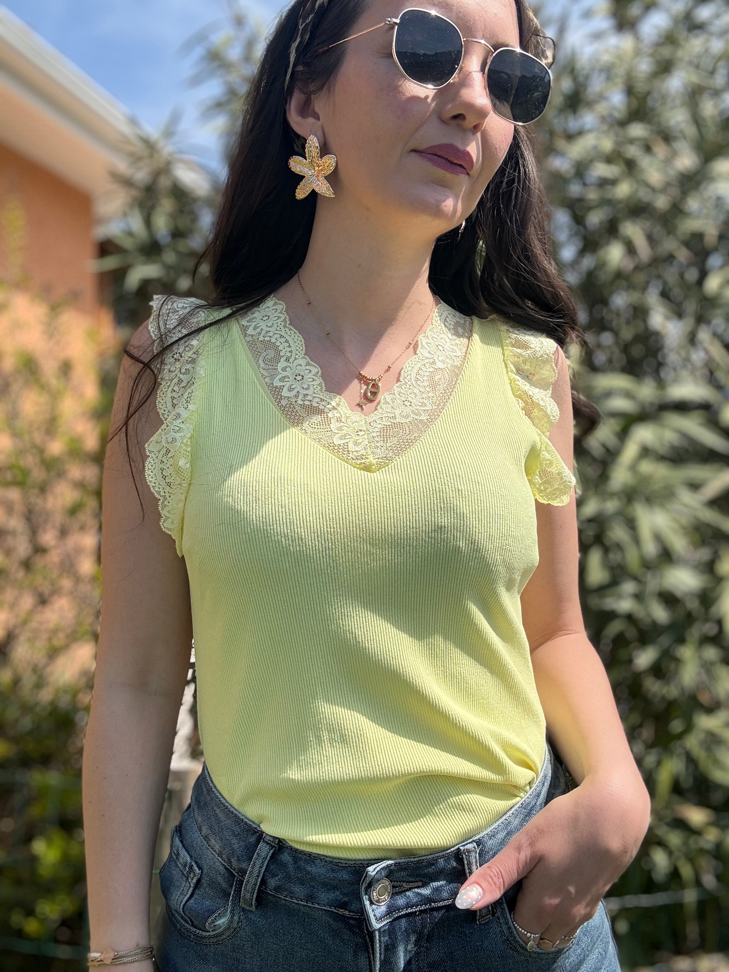 Débardeur Dentelle Maille Côtelée FIORA Jaune