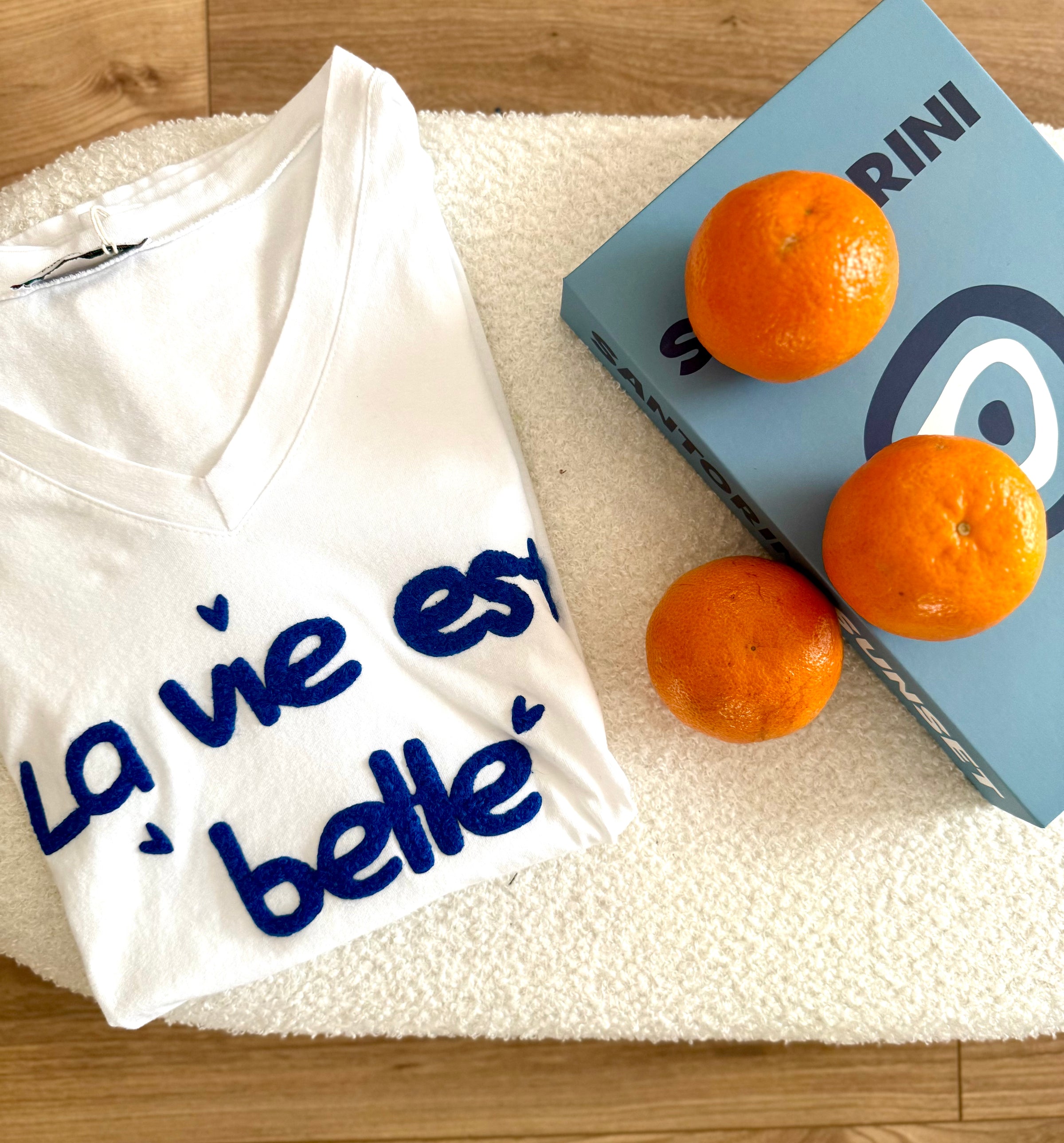 T-shirt col V Avec Imprimé LA VIE EST BELLE Bleu