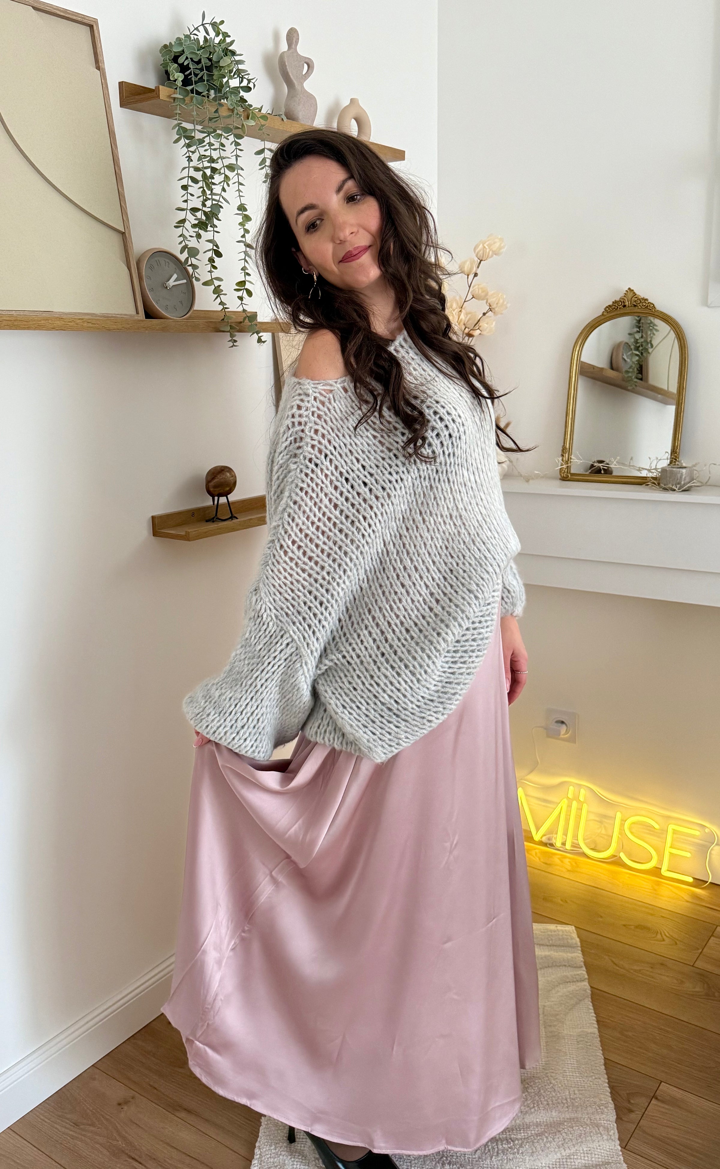 Jupe longue en satin vieux rose  BEVERLY