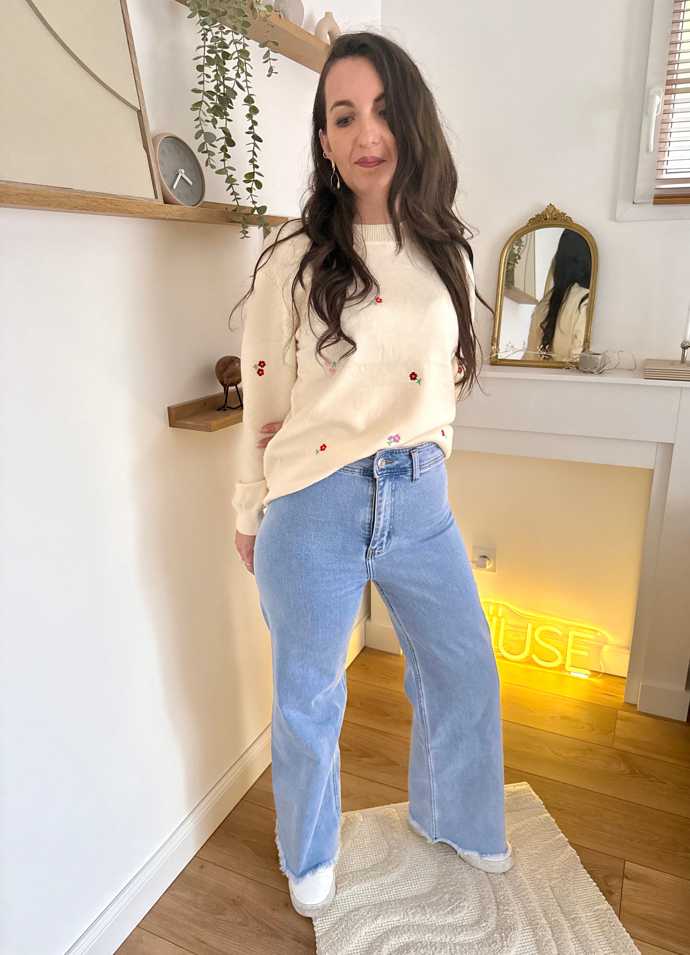 Jean wide leg stretch froufrou et frangé MONA